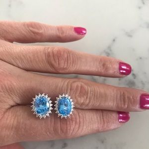 925 Sterling silver blue topaz earrings CZ oval plated 14k